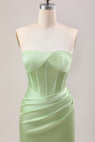 Green Sheath Corset Strapless Long Bridesmaid Dress With Slit