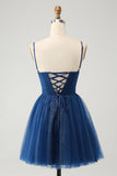 Navy A Line Spaghetti Straps Tulle Lace- Up Back Homecoming Dress