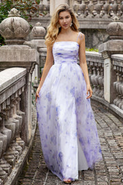 Lavender Flower A Line Spaghetti Straps Long Bridesmaid Dress with Slit