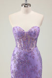 Purple Mermaid Corset Strapless Long Prom Dress with Appliques