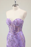 Purple Mermaid Corset Strapless Long Prom Dress with Appliques