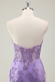 Purple Mermaid Corset Strapless Long Prom Dress with Appliques