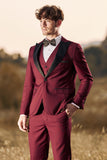 3 Pieces Peak Lapel Burgundy Men's Prom Suits