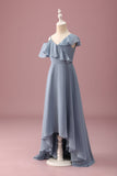 Grey Blue V-Neck A-Line Chiffon High Low Junior Bridesmaid Dress