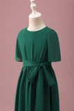 Dark Green A-Line Round Neck Chiffon High Low Junior Bridesmaid Dress