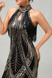 Bodycon Halter Black Golden Sequin 1920s Dress With Fringes