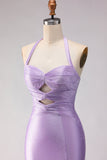 Mermaid Lilac Beaded Halter Cut Out Long Prom Dress with Slit