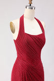 Dark Red Halter Beaded Mermaid Lace Up Back Long Prom Dress with Slit