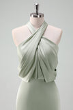 Dusty Sage Sheath Halter Neck Satin Long Bridesmaid Dress