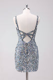 Sparkly Silver Bodycon V-Neck Short Homecoming Dress with Sequins