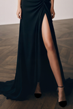 Black Mermaid Spaghetti Straps Satin Long Prom Dress With Slit