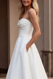 Strapless A Line Ivory Satin Ruched Wedding Dress