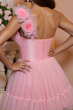 One Shoulder Pink A Line Tulle Cocktail Dress with 3D Flowers