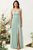 A Line Dusty Sage Ruffles Bridesmaid Dress