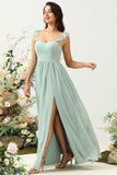 A Line Dusty Sage Ruffles Bridesmaid Dress