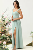 A Line Dusty Sage Ruffles Bridesmaid Dress