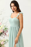 A Line Dusty Sage Ruffles Bridesmaid Dress