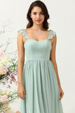 A Line Dusty Sage Ruffles Bridesmaid Dress