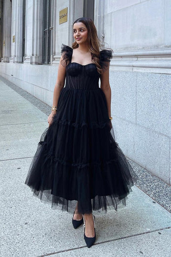 A-Line Tulle Sweetheart Black Cocktail Dress