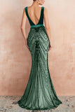 Sparkly Black Mermaid Deep V-Neck Long Prom Dress with Open Back