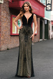 Sparkly Black Mermaid Deep V-Neck Long Prom Dress with Open Back