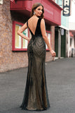 Sparkly Black Mermaid Deep V-Neck Long Prom Dress with Open Back