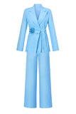 Blue Peak Lapel 2 Piece Women's Suits with Belt