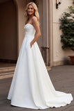 Strapless A Line Ivory Satin Ruched Wedding Dress