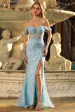 Blue Off The Shoulder Mermaid Beaded Long Prom Dress with Slit