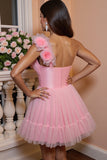 One Shoulder Pink A Line Tulle Cocktail Dress with 3D Flowers