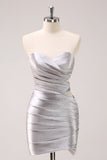 Silver Strapless Hollow Out Pleated Tight Homecoming Dress with Beading