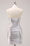 Silver Strapless Hollow Out Pleated Tight Homecoming Dress with Beading