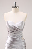 Silver Strapless Hollow Out Pleated Tight Homecoming Dress with Beading