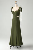 Olive  A Line Spaghetti Straps Floor Length Wedding Guest Dress with Slit