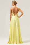 Yellow A Line Halter Cut Out Backless Long Bridesmaid Dress with Flower