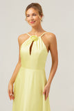 Yellow A Line Halter Cut Out Backless Long Bridesmaid Dress with Flower