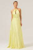 Yellow A Line Halter Cut Out Backless Long Bridesmaid Dress with Flower