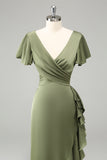 Olive V Neck Satin Sheath Wedding Guest Dress with Ruffles