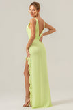 Lime Sheath Deep V Neck Backless Long Bridesmaid Dress with Ruffle Slit