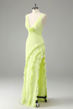 Lime Deep V Neck Ruffles Wedding Guest Dress with Slit