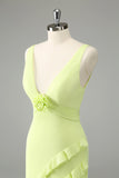 Lime Deep V Neck Ruffles Wedding Guest Dress with Slit