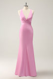 Pink Mermaid V Neck Satin Long Bridesmaid Dress