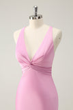 Pink Mermaid V Neck Satin Long Bridesmaid Dress