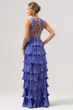 Purple A-Line V Neck Pleated Tiered Lace Up Back Long Bridesmaid Dress with Slit