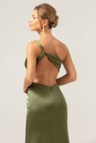 Olive Mermaid One Shoulder Backless Satin Long Bridesmaid Dress