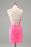 Glitter Hot Pink Bodycon Spaghetti Straps Sequins Short Homecoming Dress