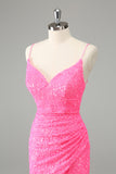 Glitter Hot Pink Bodycon Spaghetti Straps Sequins Short Homecoming Dress
