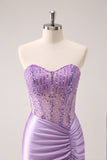 Lilac Strapless Sequins Corset Ruched Tight Homecoming Dress