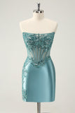 Glitter Peacock Bodycon Strapless Corset Appliques Homecoming Dress