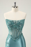 Glitter Peacock Bodycon Strapless Corset Appliques Homecoming Dress